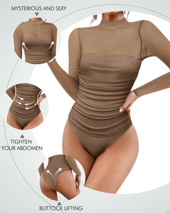 Kentysill Women's Sexy Bodysuit for Outfits: Mock Turtle Neck Long Sleeve Body Suit - Mesh Sheer Ruched Going Out Bodysuits Brown XXL