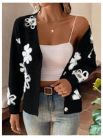 Load image into Gallery viewer, SHENHE Women's Floral Print Button Down Cardigan V Neck Drop Shoulder Knit Outerwear Black Medium
