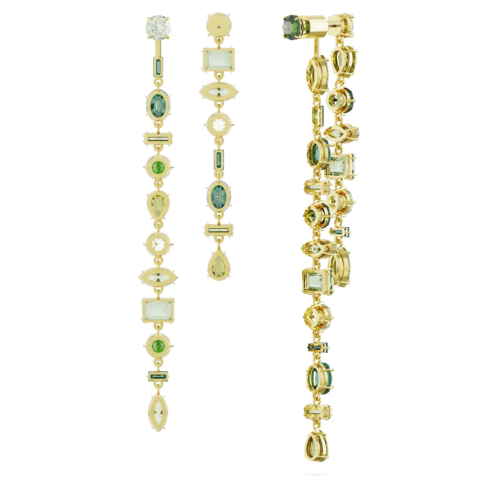 Swarovski Gema Drop Earrings, Asymmetrical design, Mixed cuts, Long, Green, Gold-tone Finish