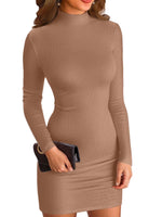 Load image into Gallery viewer, VICHYIE Women Dress Mock Neck Bodycon Ribbed Long Sleeve Fall Mini Khaki M
