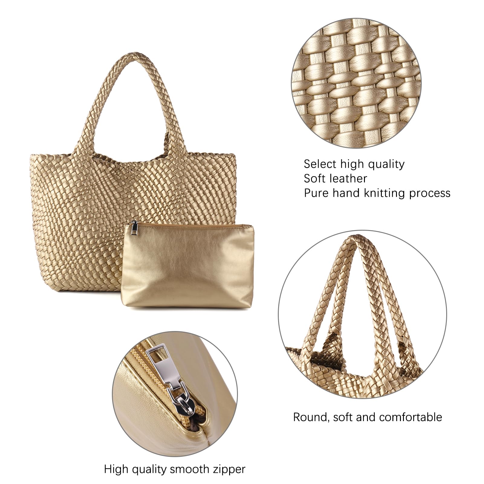 SLHFPX Handmade Woven Bag Handbag For Women Vegan Leather Tote Bag With Purses Travel Shoulder Bag Underarm Bag Beach Bag Gold, 240516-2025-07
