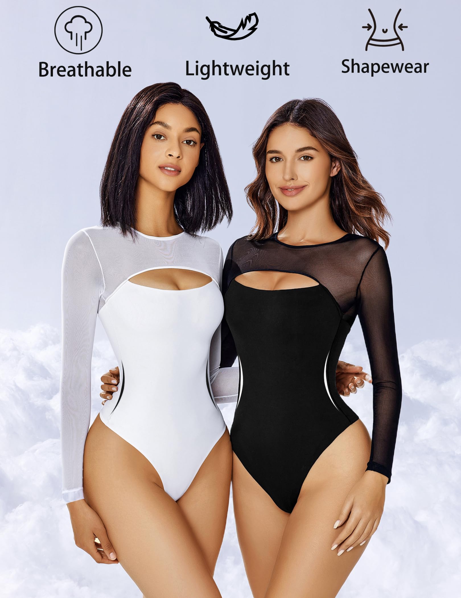 Avidlove Womens Bodysuit Long Sleeve Double Lined Bodysuits Sheer Round Neck Shirt Going Out Tops for Women Black M