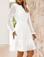 Load image into Gallery viewer, ZESICA Women&#39;s 2025 Long Sleeve Mini Dress Spring V Neck Hollow Out Eyelet Embroidery Ruffle A Line Swing Short Dresses,White,Medium

