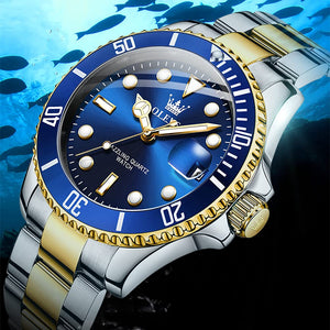 OLEVS Men Watch Gold Blue Watches for Men Waterproof Date Analog Quartz Luxury Casual Fashion Men's Wrist Watches Pro Diver Two Tone Men‘s Watch Dress Big Face Relojes para Hombres