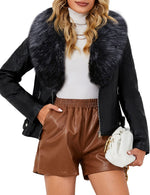 Load image into Gallery viewer, Bellivera Women's Faux Leather Short Jacket Moto Sherpa-Lined Coat with Removable Fur Collar 9201 Black L
