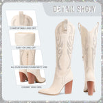 Load image into Gallery viewer, Celbreez Cowgirl Boots with Rhinestone Embroidered Wide Calf Cowboy Boots for Women Pointed Toe Side Zip Western Boots Suede Knee High Boots Chunky Heel Tall Long Boot for Women

