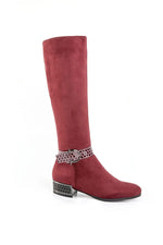 Load image into Gallery viewer, ANN CREEK Women's 'Orizea' Low Block Heel Beehive Patterned Straps Faux Suede Boots, Chunky Heel Zip Riding Knee High Almond Toe Tall Pointed Toe Buckle Long Boots Burgundy - 7

