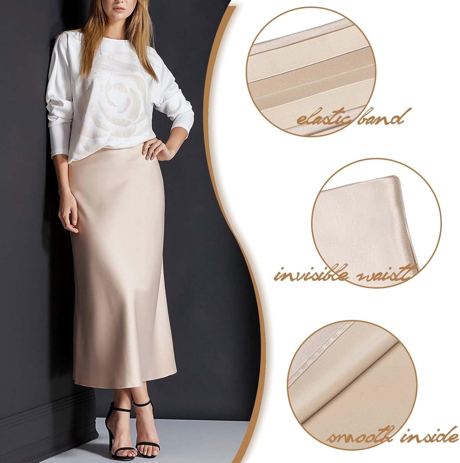 Basoteeuo Midi Skirts for Women High Waist Satin Summer Casual Trendy Summer Sexy Midi Length Elastic Skirt Beige Skirt XS