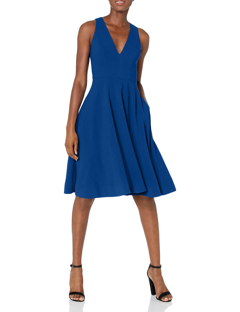 Dress the Population Women's Catalina Solid Sleeveless Fit & Flare Midi Dress, Cobalt, S