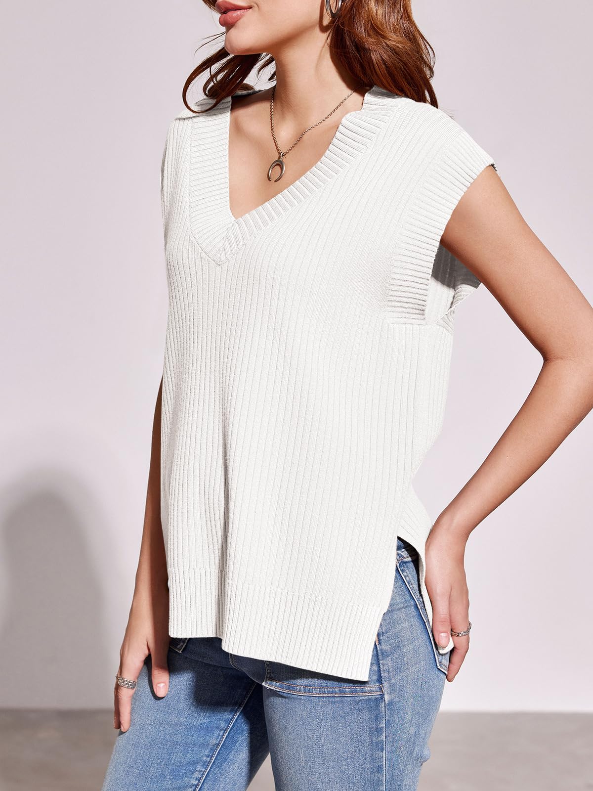 Saodimallsu Womens V Neck Sweater Vest Oversized Ribbed Knit Sleeveless Casual Loose Fit Pullover Tank Top White