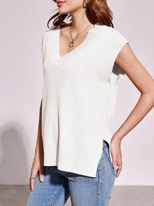 Saodimallsu Womens V Neck Sweater Vest Oversized Ribbed Knit Sleeveless Casual Loose Fit Pullover Tank Top White