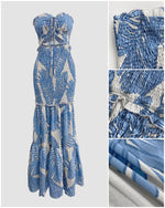 Load image into Gallery viewer, CHICME Floral Printed Prom Dress Drawstring Ruched Shirred Bandeau Party Dress Slim Fit Ruffle Hem Wedding Guest Dresses Blue-M

