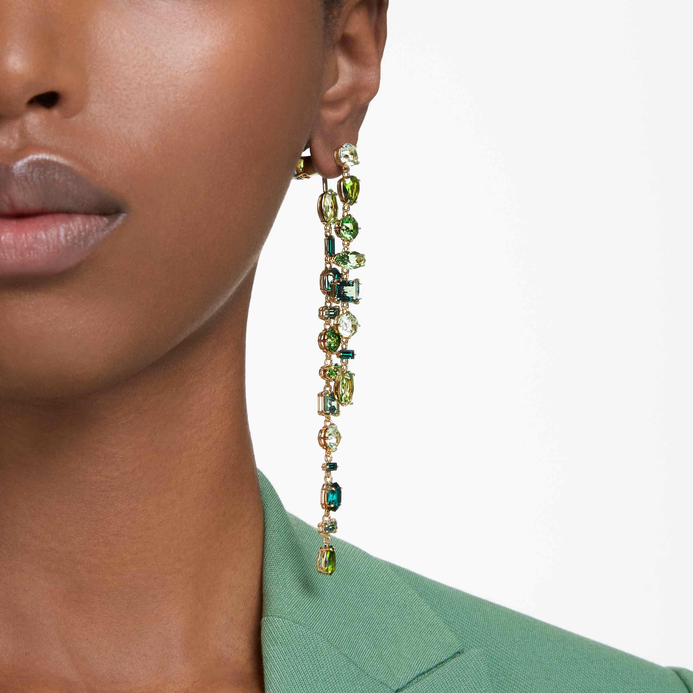 Swarovski Gema Drop Earrings, Asymmetrical design, Mixed cuts, Long, Green, Gold-tone Finish