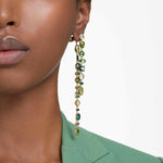 Load image into Gallery viewer, Swarovski Gema Drop Earrings, Asymmetrical design, Mixed cuts, Long, Green, Gold-tone Finish
