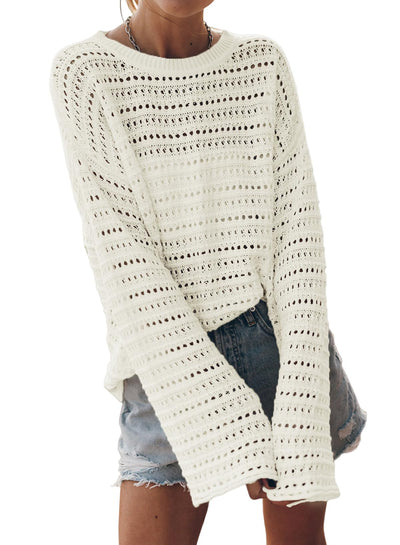 Sidefeel Womens Summer Outfit 2025 Lightweight Sweater Crochet Hollow Out Knit Fall Clothes Large White