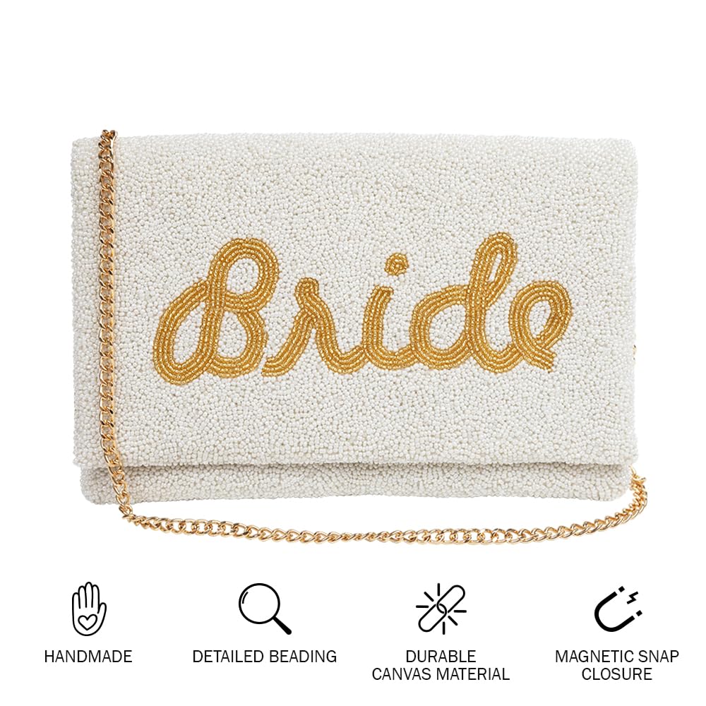 Pretty Robes BRIDE Clutch Purse for Wedding Day & Bachelorette Party,Bridal Purse, Gift for Bride To Be (Gold)