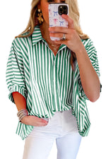 Load image into Gallery viewer, Women Green 2025 Summer Stripe Dolman Sleeve V Neck Oversize Shirt Tops Casual Button Up Short Sleeve Striped Blouse
