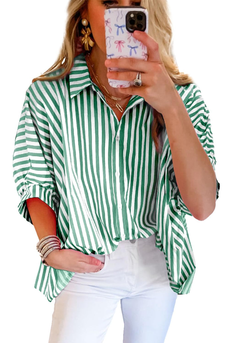 Women Green 2025 Summer Stripe Dolman Sleeve V Neck Oversize Shirt Tops Casual Button Up Short Sleeve Striped Blouse