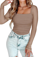 Load image into Gallery viewer, PINKMSTYLE Mesh Square Neck Long Sleeve Shapewear Bodysuit for Women Sexy Date Night Outfit, Clubwear Going Out Tops Khaki
