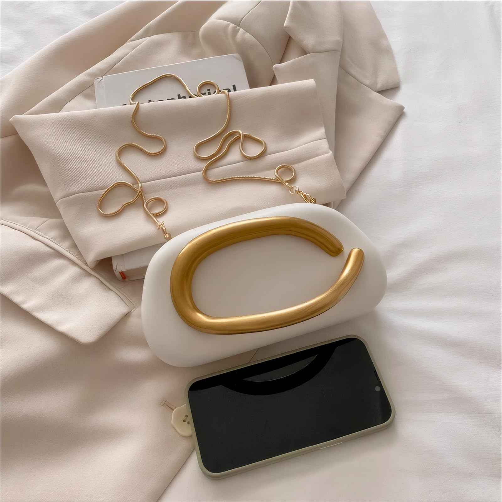 ARTLUXE Acrylic Clutch Purses with Metal Handle Women's Evening Bag for Weddings & Parties, Skin-Touch Coating Handbag, White