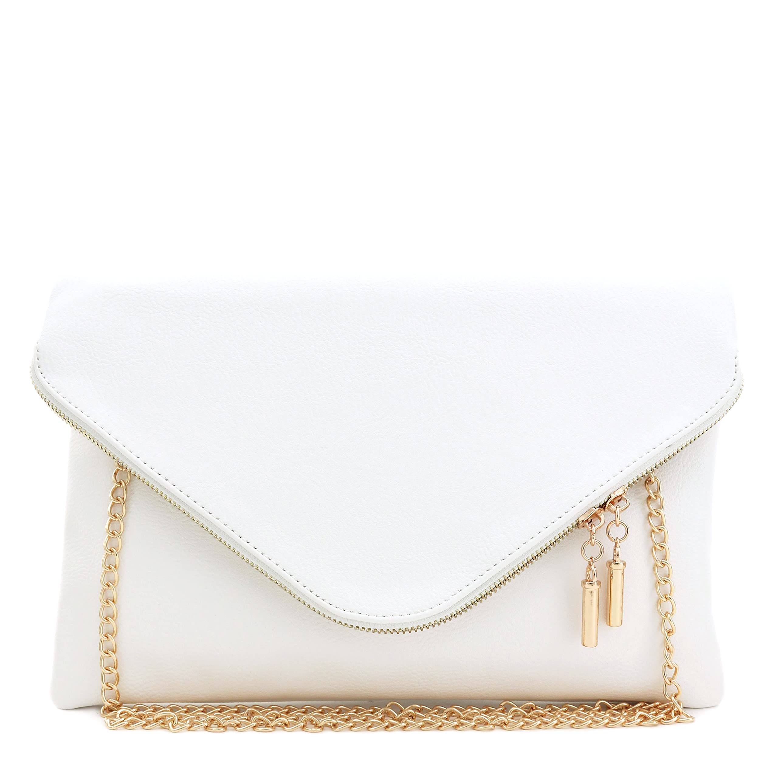 FashionPuzzle X-Large Envelope Clutch Bag with Chain Strap (White)