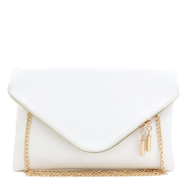 FashionPuzzle X-Large Envelope Clutch Bag with Chain Strap (White)