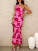 Load image into Gallery viewer, Caracilia Womens Floral One Shoulder Formal Dress Summer Elegant Bodycon Mesh Wedding Guest Cocktail Party Long Maxi Dresses Hot Pink Medium
