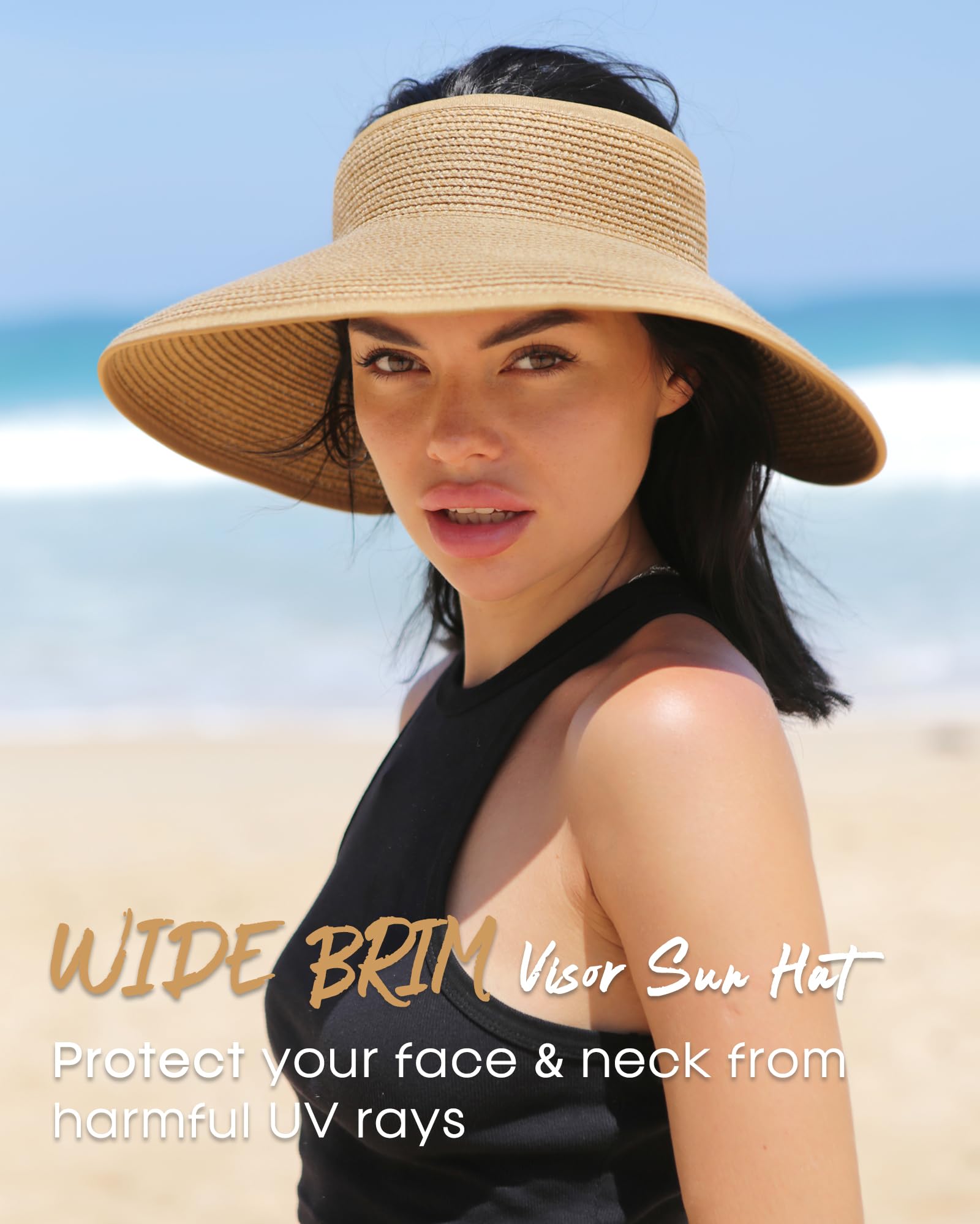 FURTALK Sun Visor Hats for Women Wide Brim Straw Ponytail Summer Beach Hat UV UPF Packable Foldable Travel Khaki