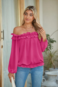 evnanic Off Shoulder Blouses for Women Long Sleeve Shirt Pleated Ruffle Flowy Blouses Spring Rose S