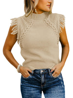 Load image into Gallery viewer, Saodimallsu Womens Sleeveless Sweater Vest Mock Neck Cable Knit Fringe Cap Sleeve Boho Trendy Pullover Tank Tops Khaki
