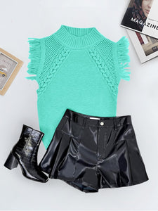 Saodimallsu Womens Sleeveless Sweater Vest Mock Neck Cable Knit Fringe Cap Sleeve Boho Trendy Pullover Tank Tops Light Green