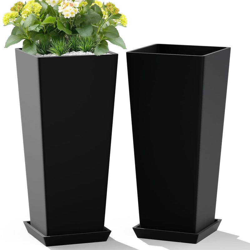 TUYOHW Set of 2 Large Planter for Indoor or Outdoor 24" Tall Flower Pots Tapered Planters with Tray for Porch, Patio, Backyard, Large Planters for Outdoor Indoor Plants (Black)