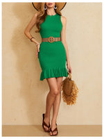 Load image into Gallery viewer, MakeMeChic Women's 2025 Summer Dress Casual Crochet Ribbed Knit Ruffle Hem Sleeveless Bodycon Tank Mini Dresses Green M
