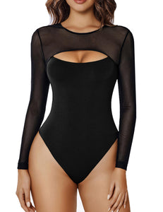 Avidlove Womens Bodysuit Long Sleeve Double Lined Bodysuits Sheer Round Neck Shirt Going Out Tops for Women Black M