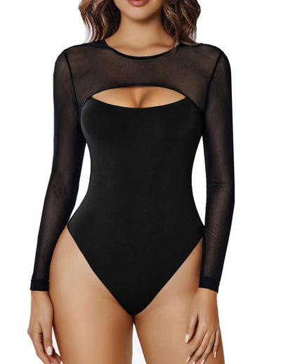 Avidlove Womens Bodysuit Long Sleeve Double Lined Bodysuits Sheer Round Neck Shirt Going Out Tops for Women Black M