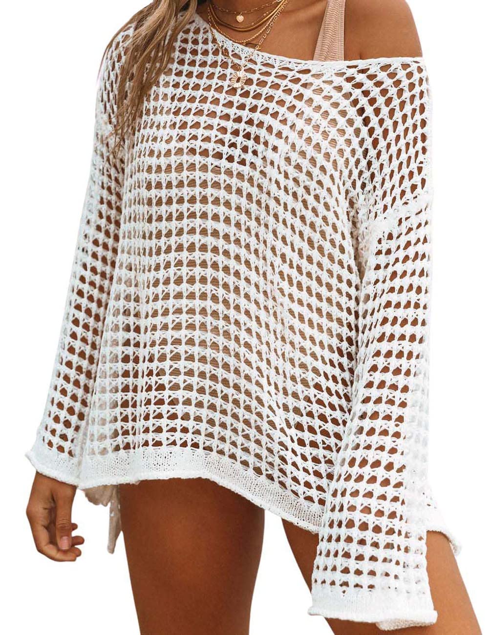 Bsubseach Crochet Cover Ups for Women Sexy Hollow Out Swim Cover Up Knit Summer Outfits White