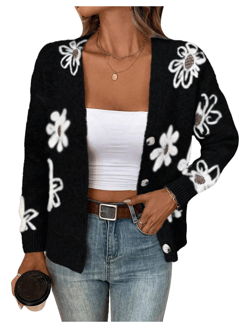 SHENHE Women's Floral Print Button Down Cardigan V Neck Drop Shoulder Knit Outerwear Black Medium