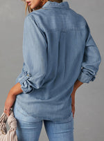 Load image into Gallery viewer, Astylish Womens Denim Tops Chambray Jean Shirts V Neck Business Casual Long Sleeve Button Down Blouse Dusk Blue Large
