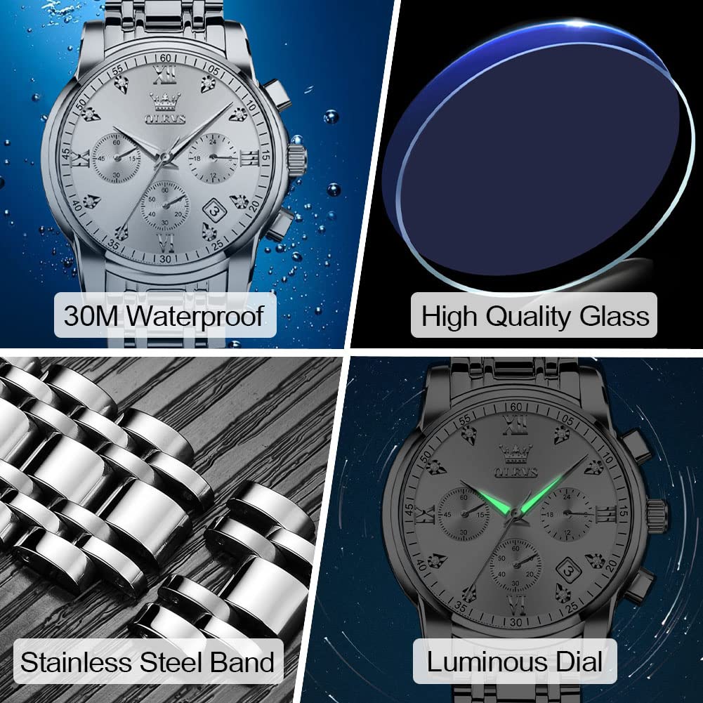 OLEVS Large Face Watches for Men Silver Bezel Diamond Chronograph Watches Stainless Steel Strap Luxury Men Three Hand Watch Waterproof Auto Calendar Easy Read Analog Men's Quartz Watch Reloj De Hombre
