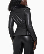 Load image into Gallery viewer, GUESS Women's Tulip Peplum Zip Faux Leather Jacket, Medium Black
