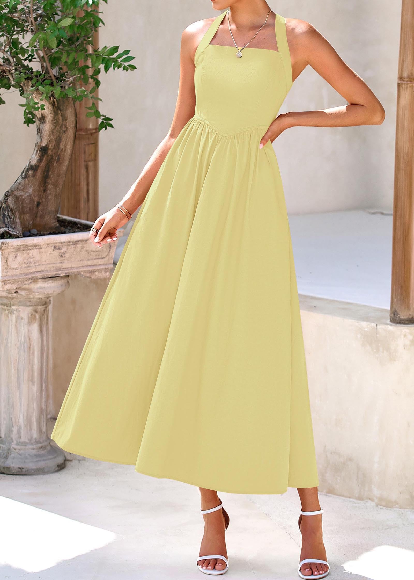 KIRUNDO Women Summer Sleeveless Halter Maxi Dress Sundress 2025 Casual Flowy Wedding Guest Cocktail Beach Vacation Dresses(Yellow, Medium)