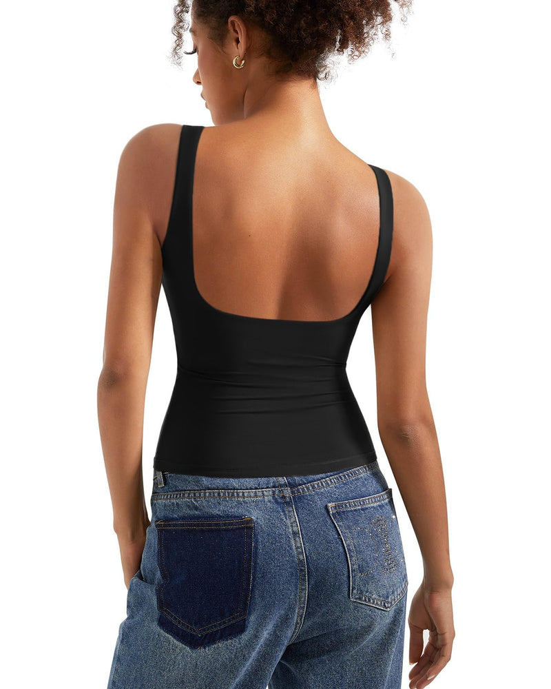 SUUKSESS Women Built in Bra Open Back Boat Neck Tank Tops Double Lined Backless Y2K Going Out Top Basic Shirt (Black,M)