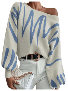 BEAUDRM Women's Lantern Sleeve Sweater Graphic Boat Neck Drop Shoulder Long Sleeve Oversized Pullovers Jumper Top Beige Medium