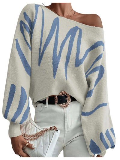 BEAUDRM Women's Lantern Sleeve Sweater Graphic Boat Neck Drop Shoulder Long Sleeve Oversized Pullovers Jumper Top Beige Medium