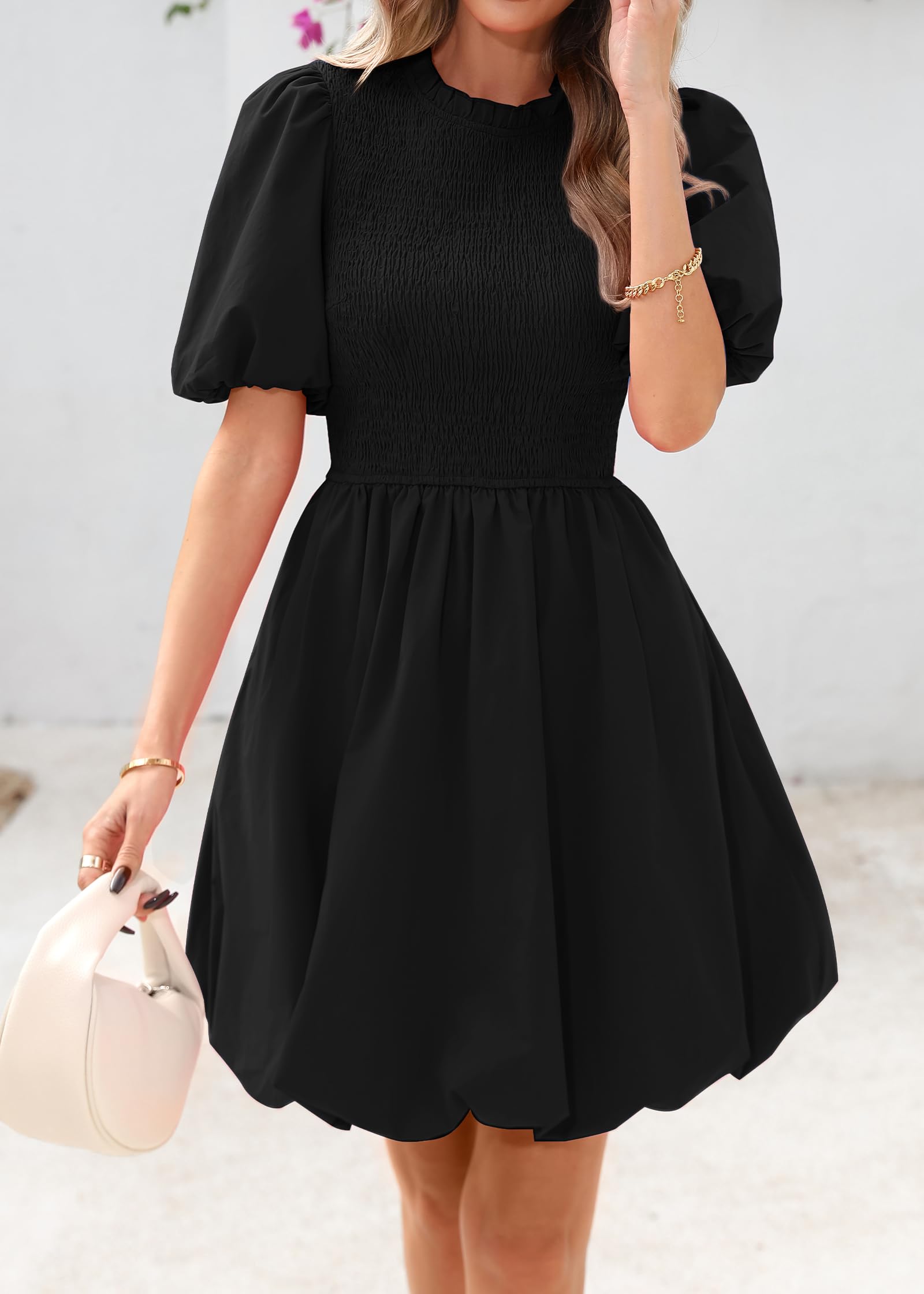 KIRUNDO Womens Summer Smocked Mini Dress 2025 Spring Puff Short Sleeve Boho Ruffle Crewneck Bubble A Line Short Dresses(Black, Medium)