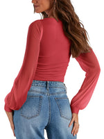 Load image into Gallery viewer, PINKMSTYLE Sexy Bodysuits for Women Classic Square Neck Long Sleeve Slim Fit Shirts Sheer Mesh Trendy Going Out Tops Cute Office Red Medium
