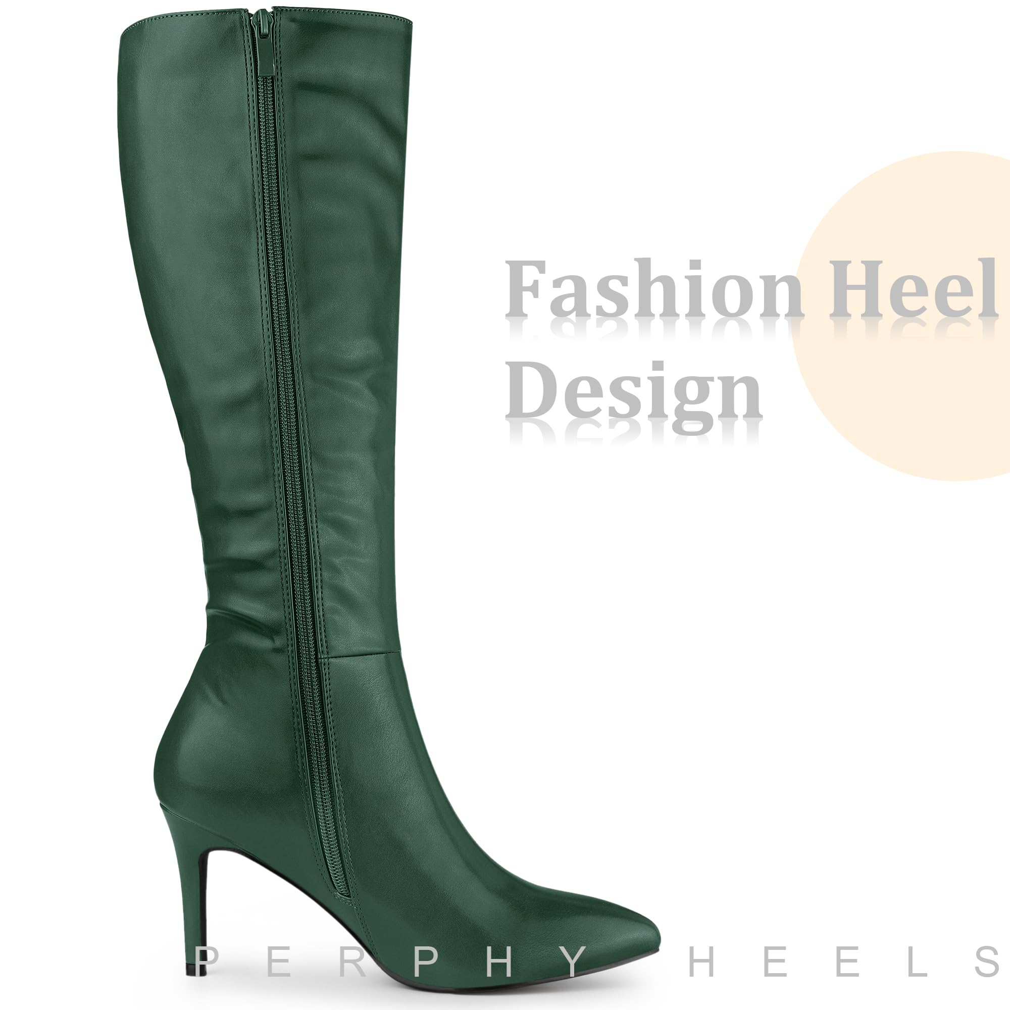 Perphy High Heels Pointed Toe Stiletto Heel Dark Green Knee High Boots for Women 7.5 M US