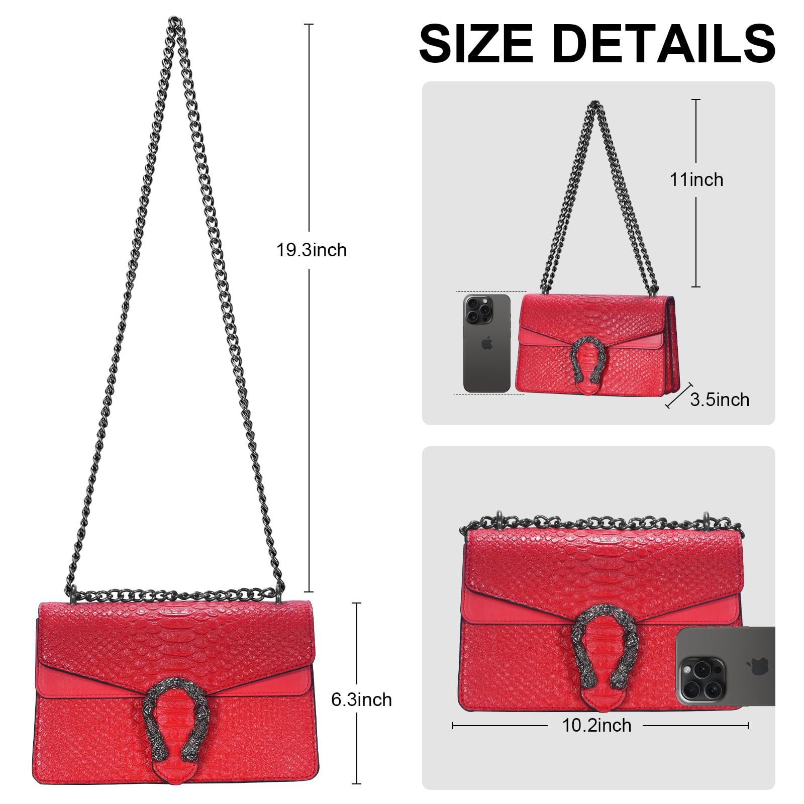 Aiqudou Leather Crossbody Bag Chain Purse for Women - Snake Print Shoulder Bag Luxury Evening Satchel Handbag Ladies Underarm Bag(Red)