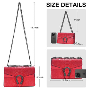 Aiqudou Leather Crossbody Bag Chain Purse for Women - Snake Print Shoulder Bag Luxury Evening Satchel Handbag Ladies Underarm Bag(Red)