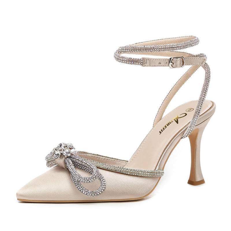 Athlefit Women's Rhinestone Bow Heels Ankle Strap Pointed Toe Stiletto Heeled Sandals Wedding Bridal Dress Pumps Shoes Apricot Size 8